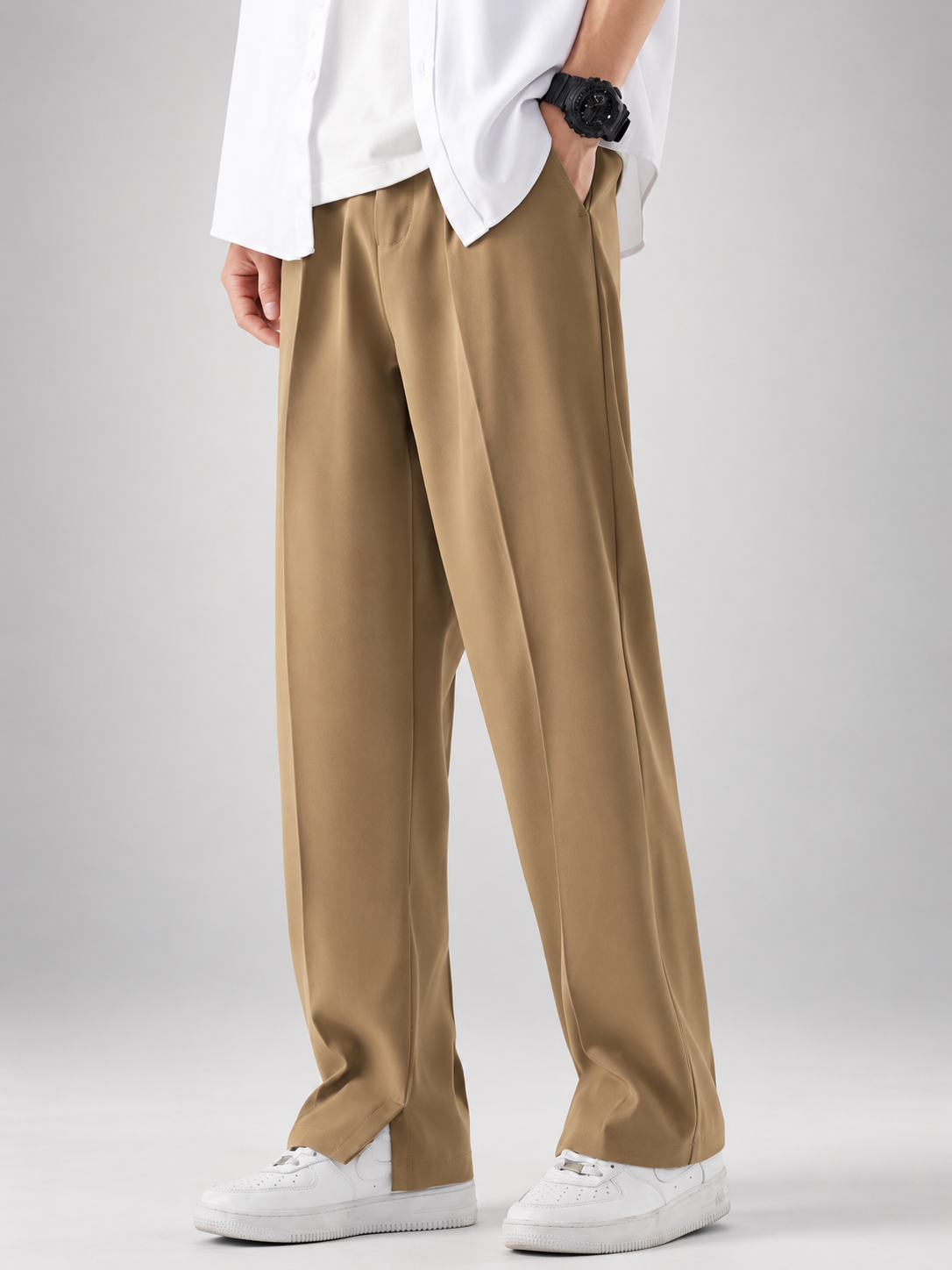 Graham Men’s Wide-Leg Pleated Pants with Split Hem