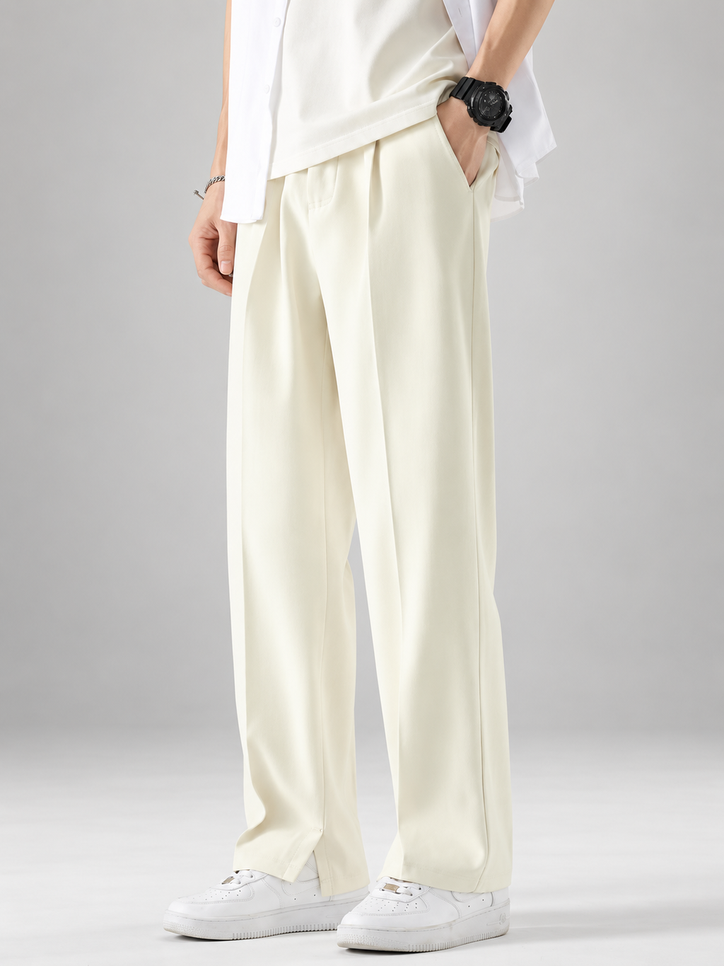 Graham Men’s Wide-Leg Pleated Pants with Split Hem