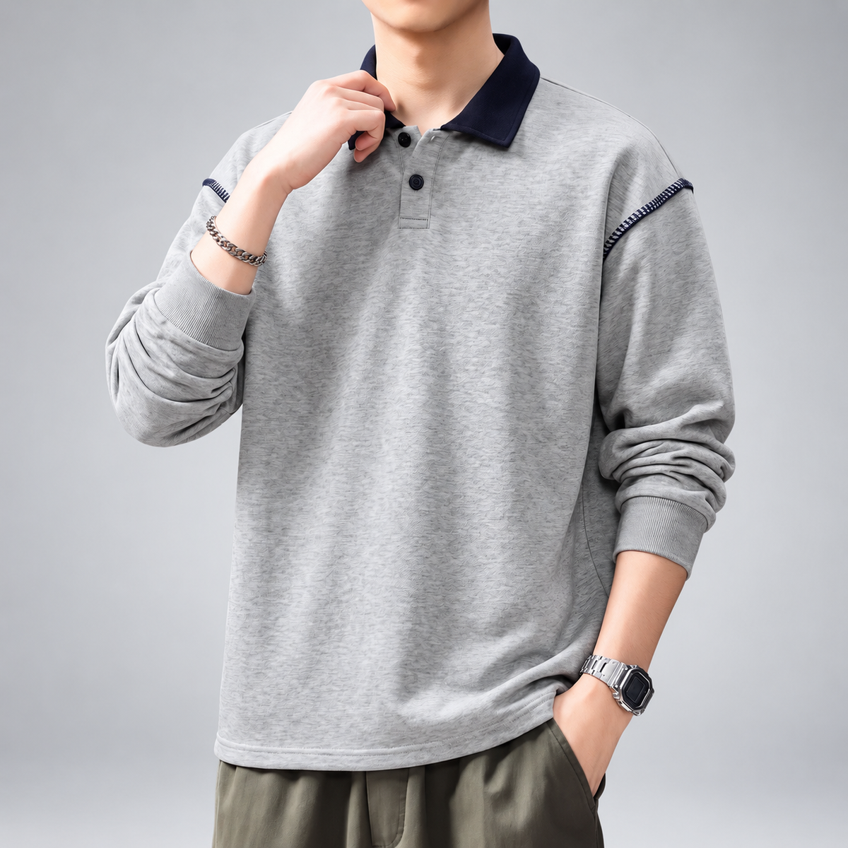 Russell Men's Relaxed Polo Sweatshirt with Contrast Shoulder Stitching