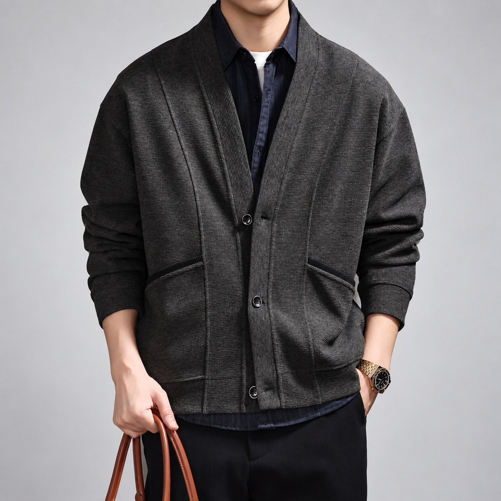 Ludovico Men's Textured V-Neck Button-Front Cardigan with Patch Pockets