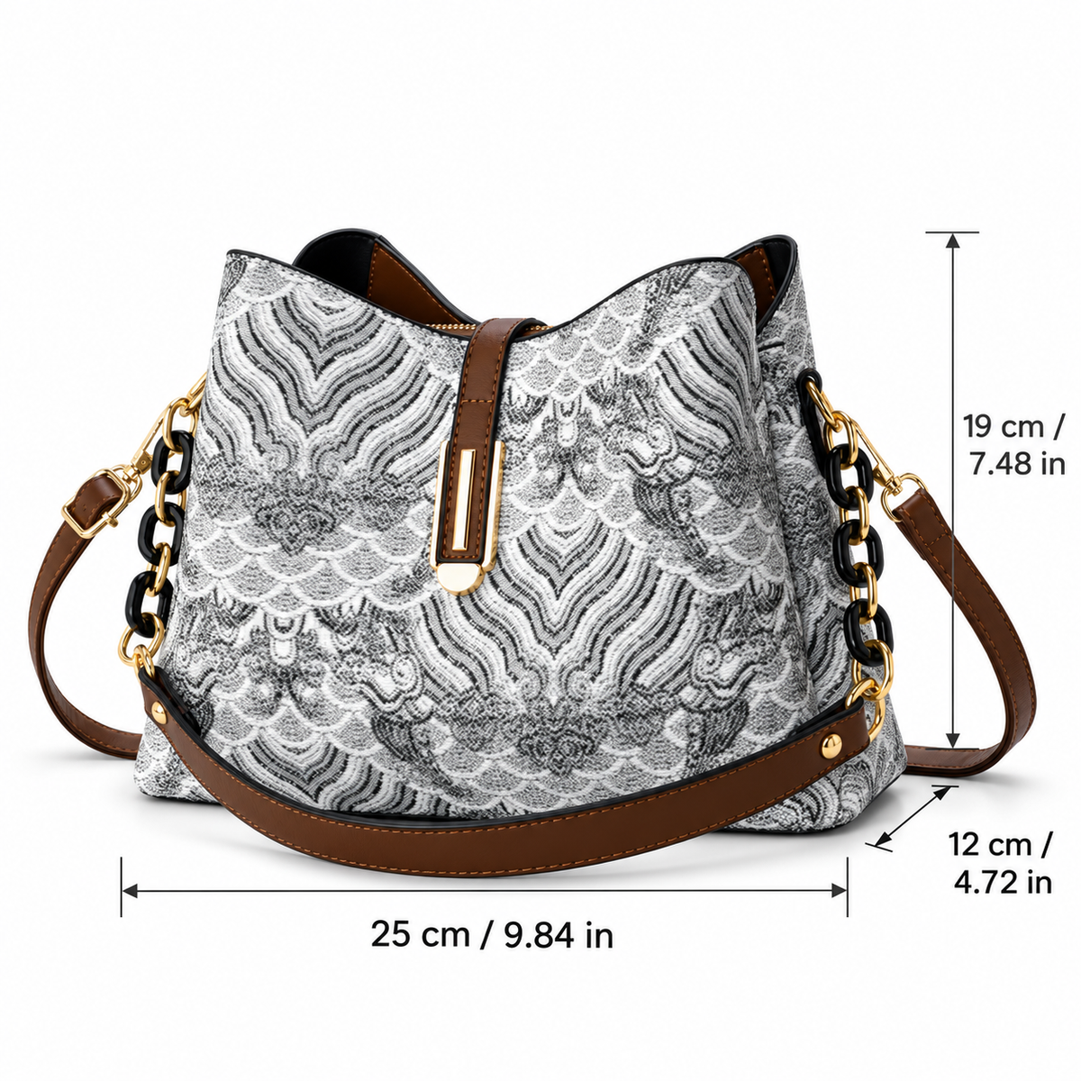 Fiorella Women’s Patterned Bucket Shoulder Bag with Chain Details