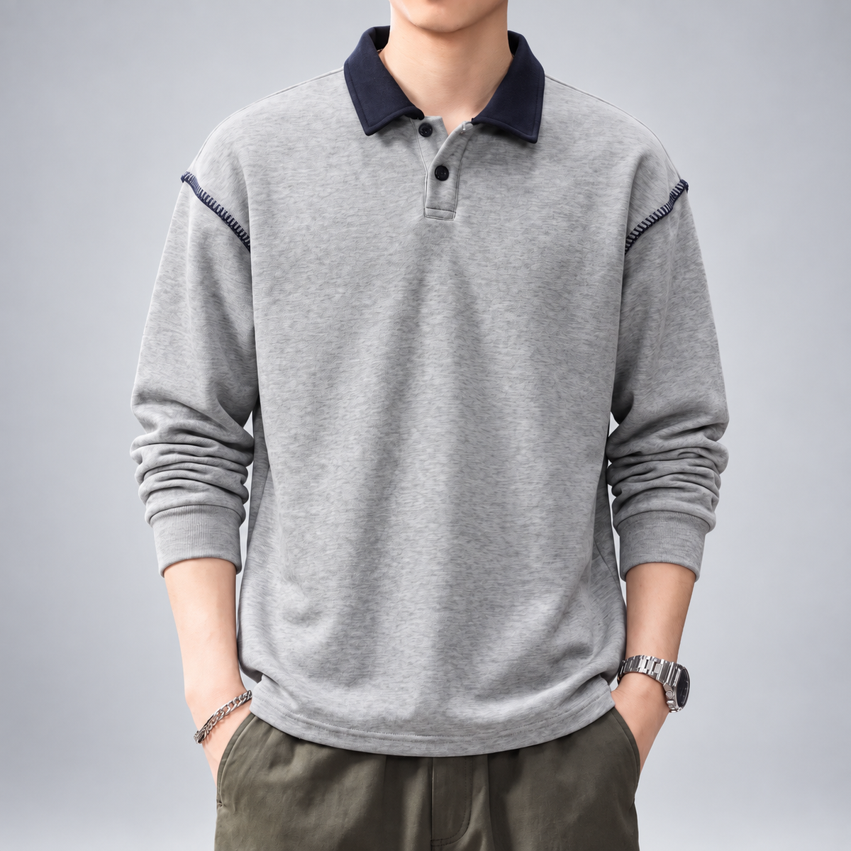 Russell Men's Relaxed Polo Sweatshirt with Contrast Shoulder Stitching