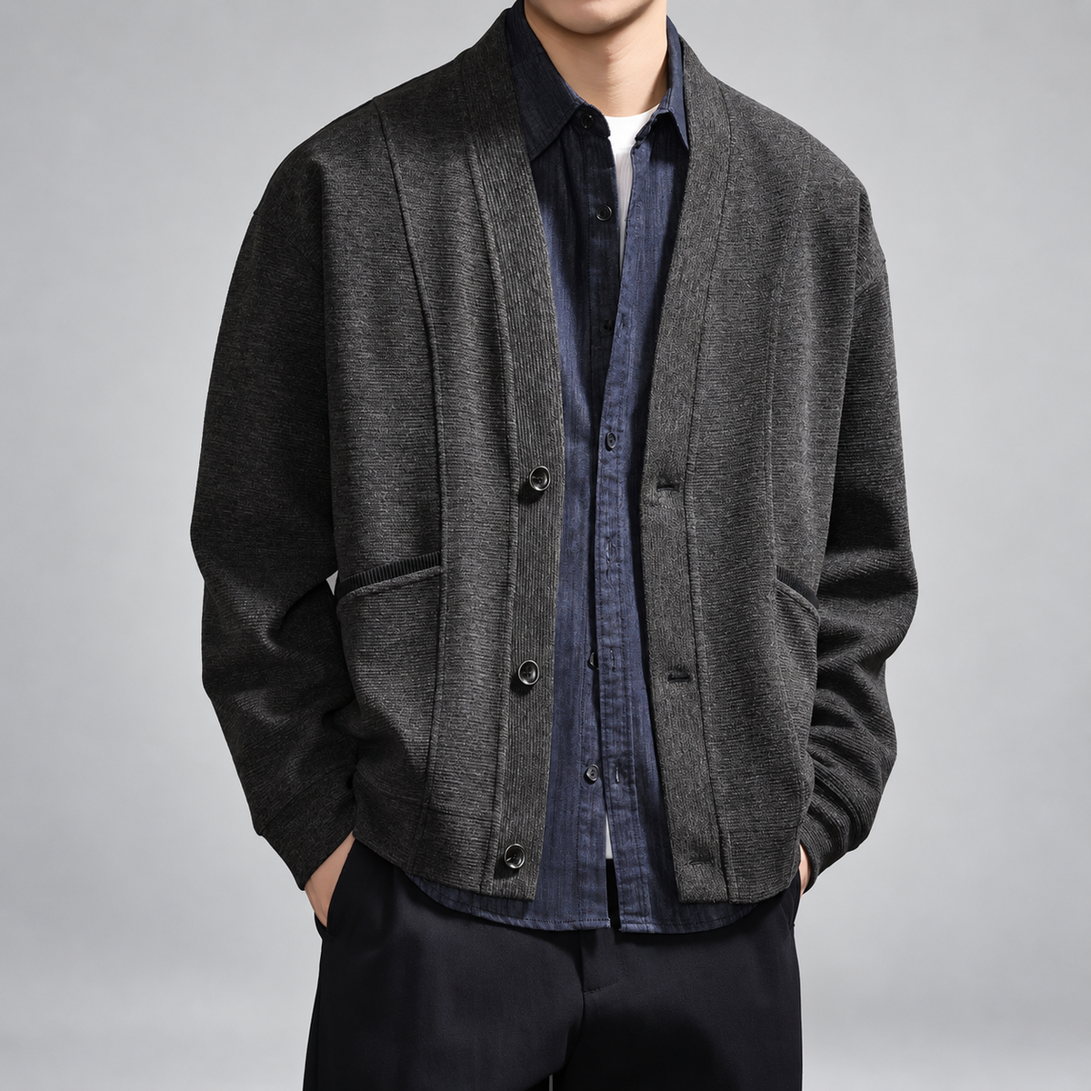 Ludovico Men's Textured V-Neck Button-Front Cardigan with Patch Pockets