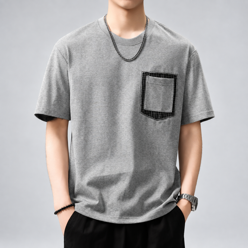 Lucien Men's Heathered Crewneck T-Shirt with Contrast Plaid Pocket