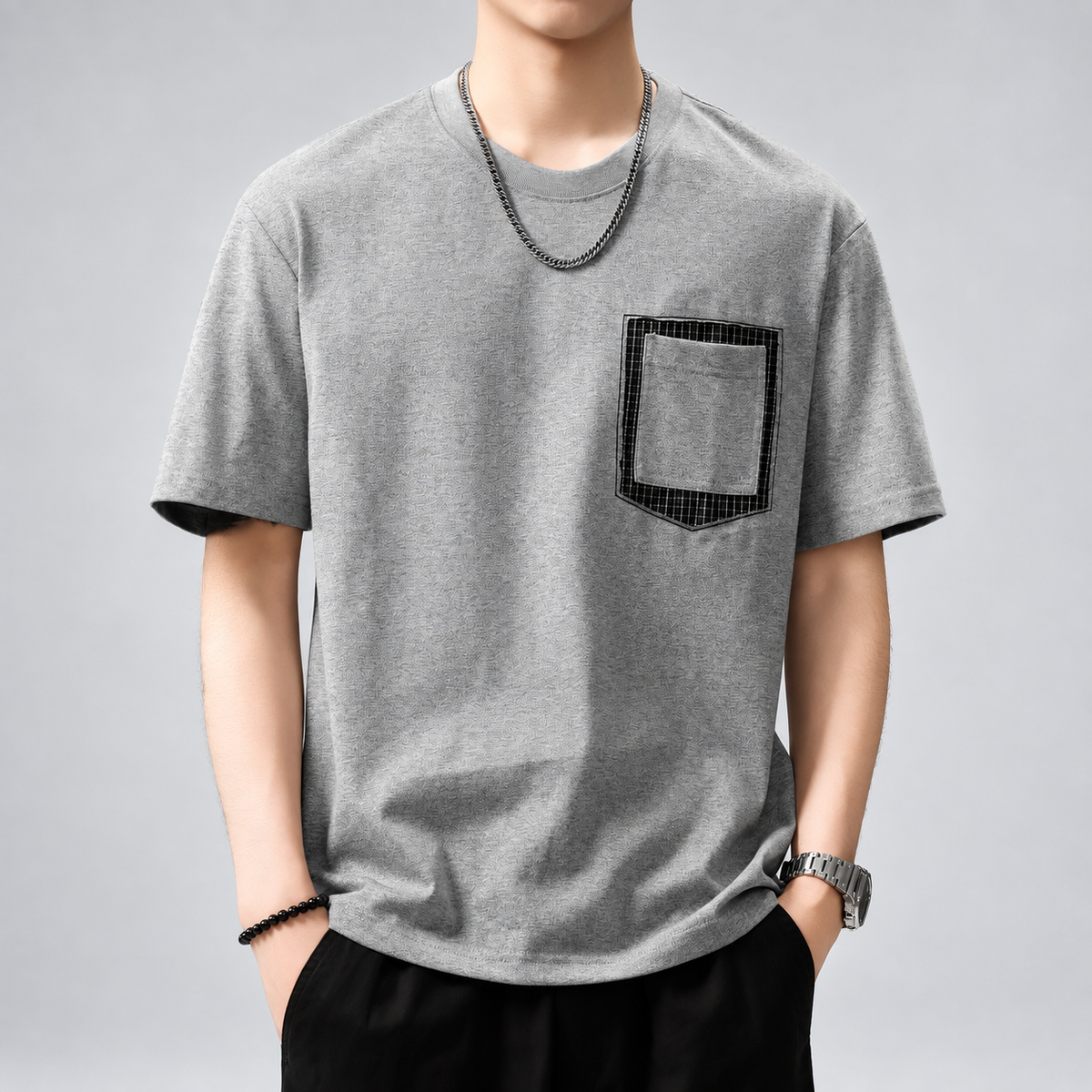 Lucien Men's Heathered Crewneck T-Shirt with Contrast Plaid Pocket