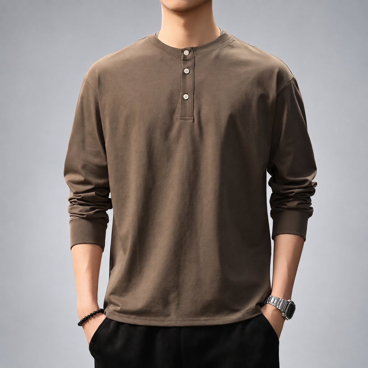 Anselm Men's Relaxed Fit Henley Shirt with Ribbed Cuffs