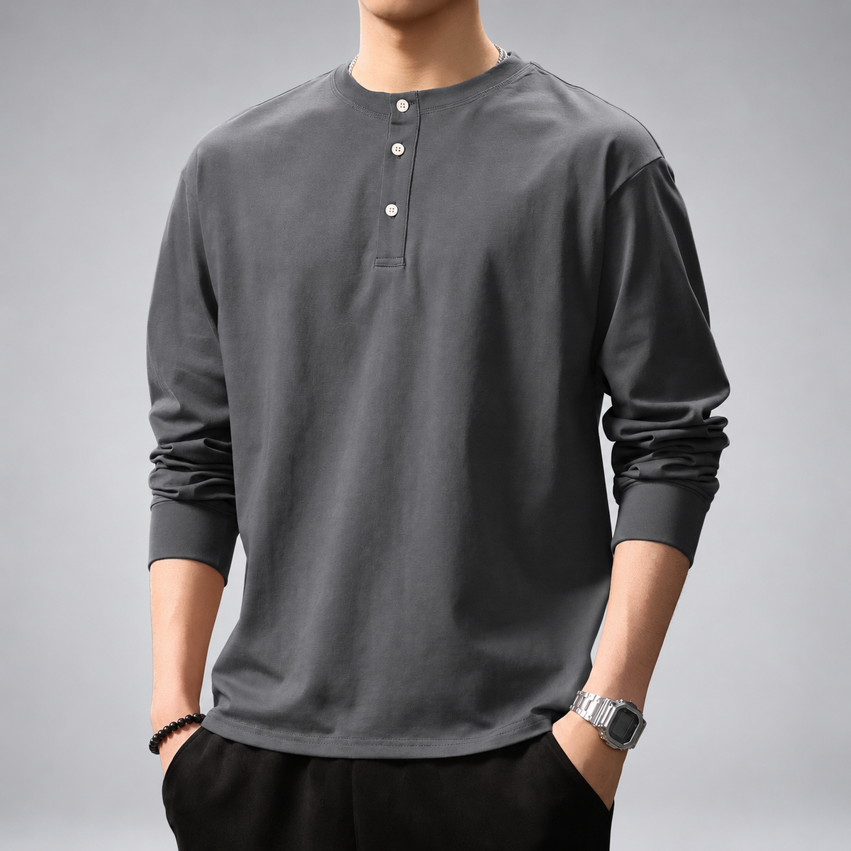 Anselm Men's Relaxed Fit Henley Shirt with Ribbed Cuffs
