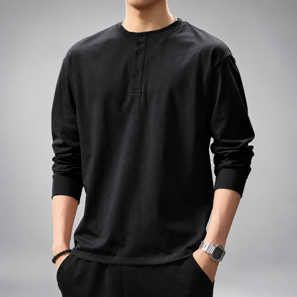 Anselm Men's Relaxed Fit Henley Shirt with Ribbed Cuffs