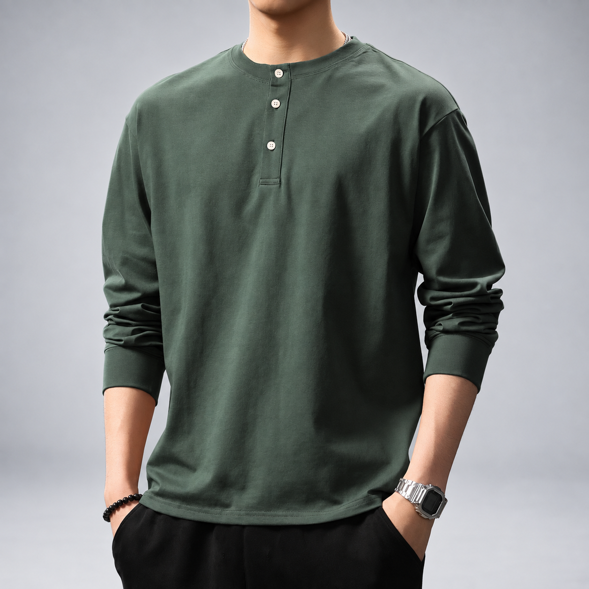 Anselm Men's Relaxed Fit Henley Shirt with Ribbed Cuffs
