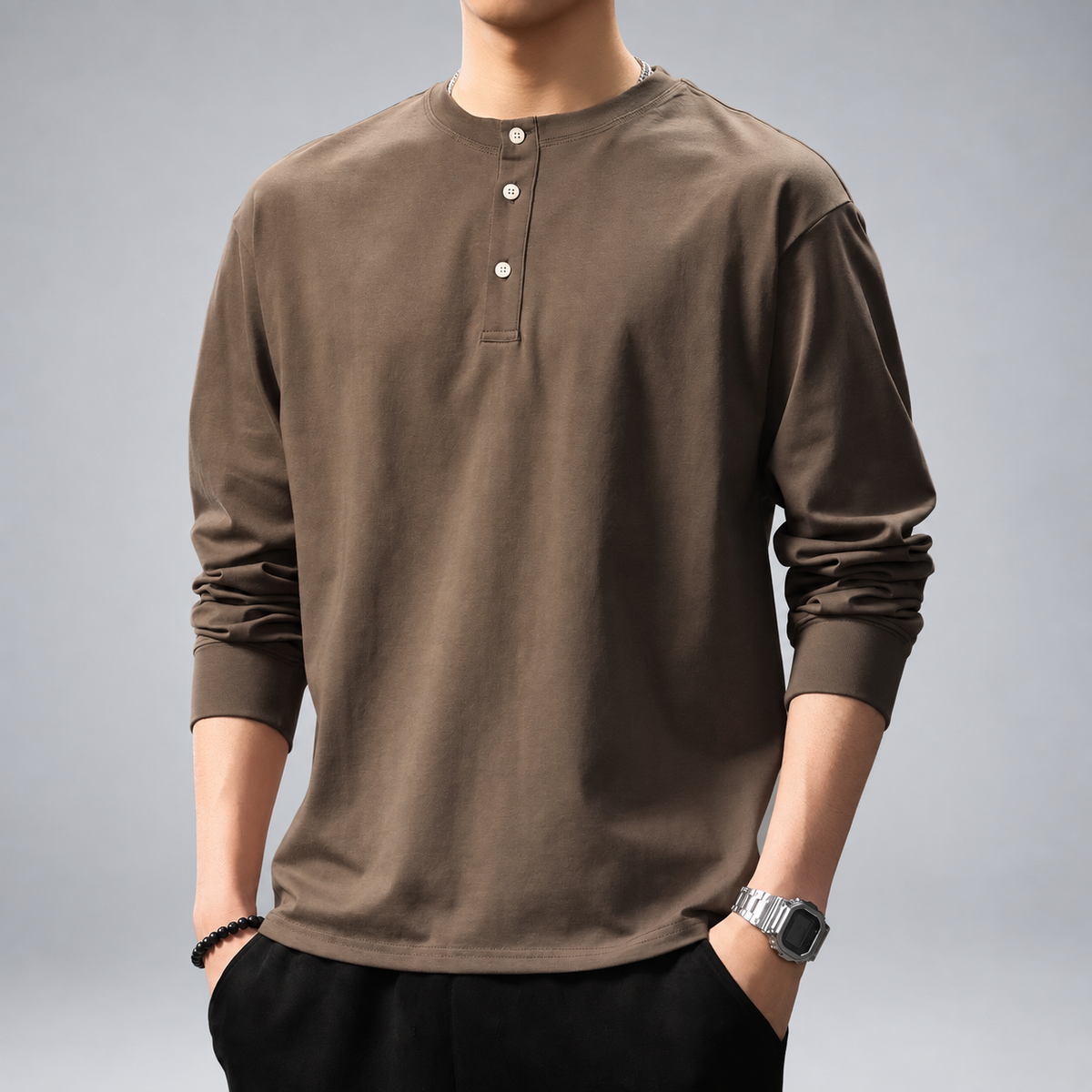 Anselm Men's Relaxed Fit Henley Shirt with Ribbed Cuffs