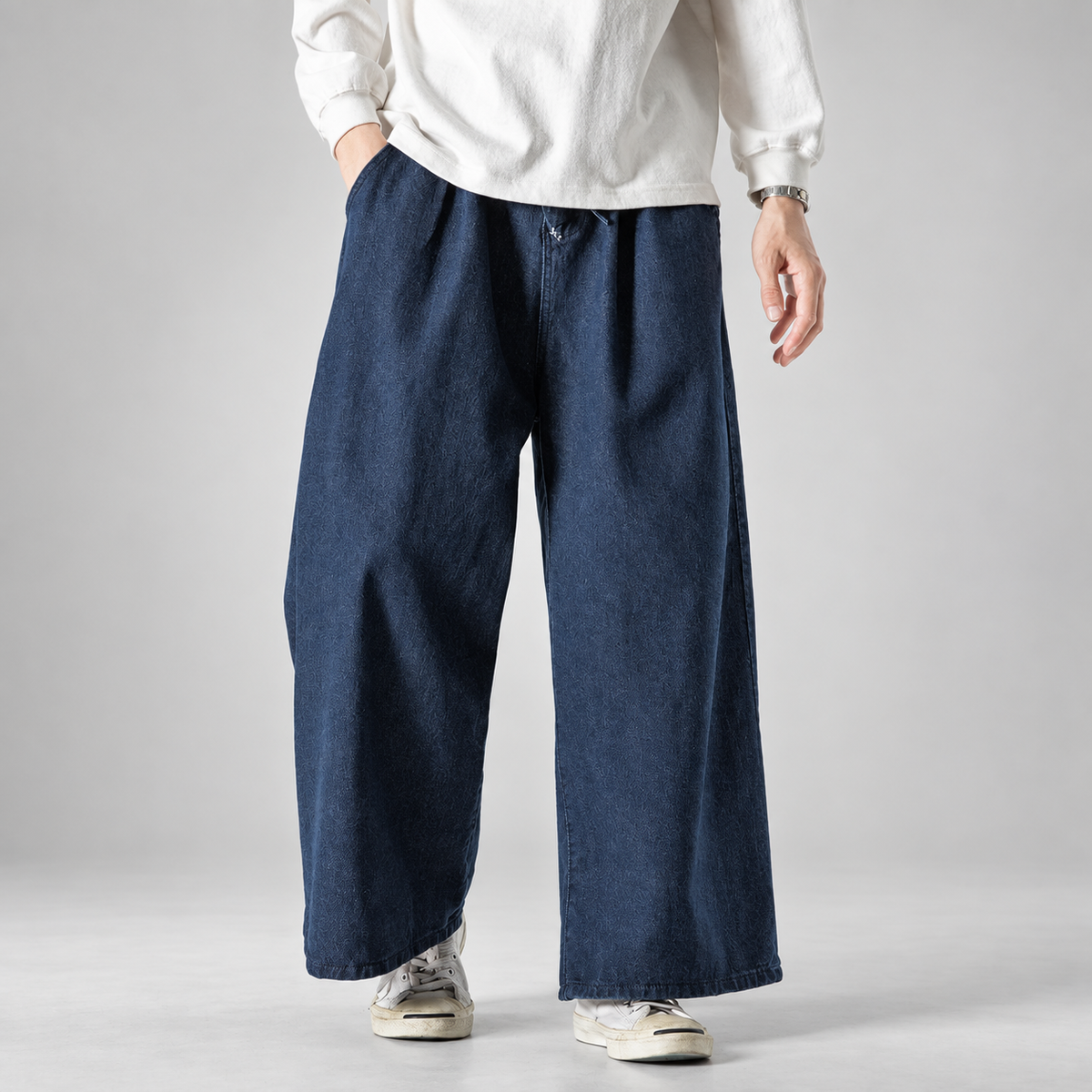 Henri Men’s Extra Wide-Leg Denim Jeans with Tonal Pattern