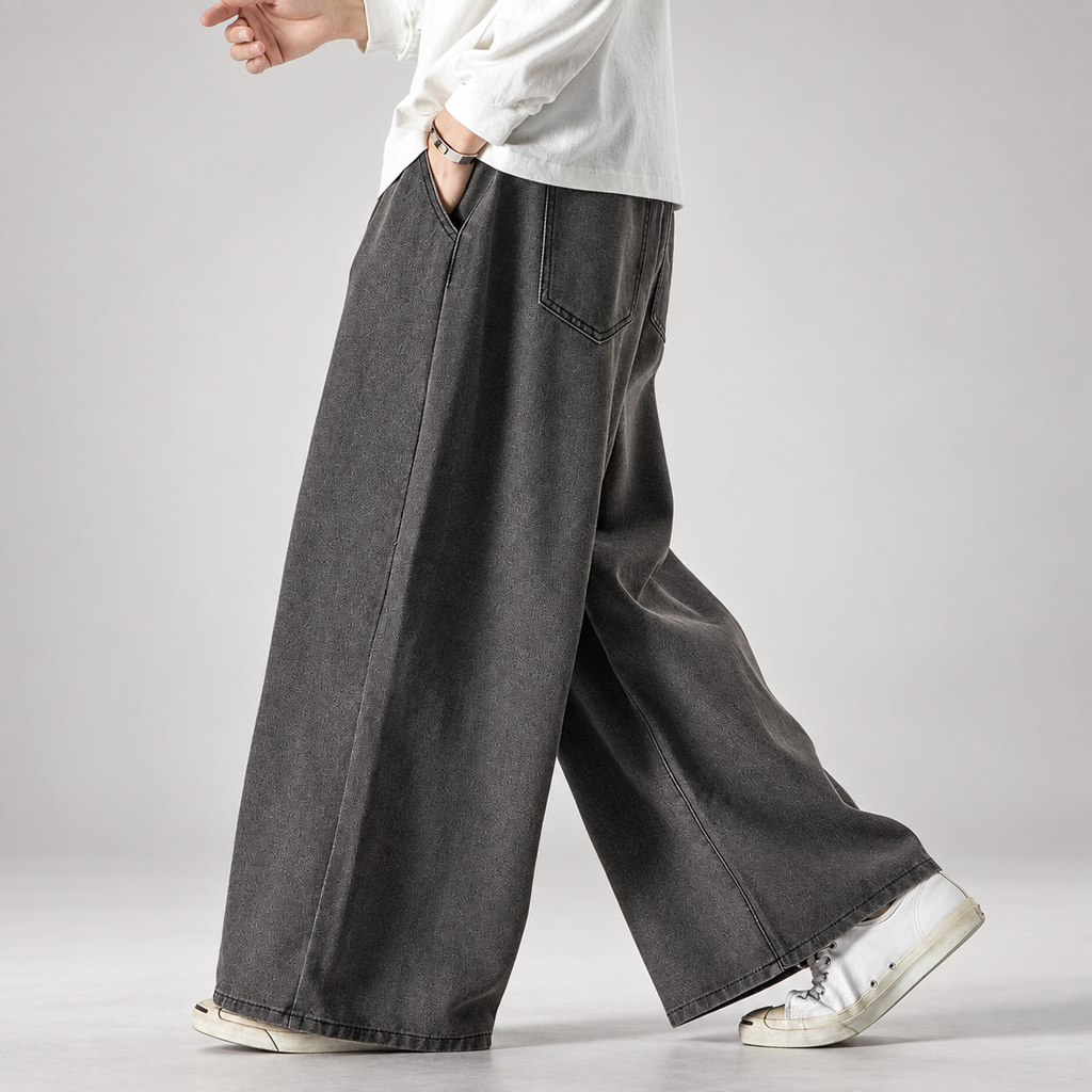 Henri Men’s Extra Wide-Leg Denim Jeans with Tonal Pattern