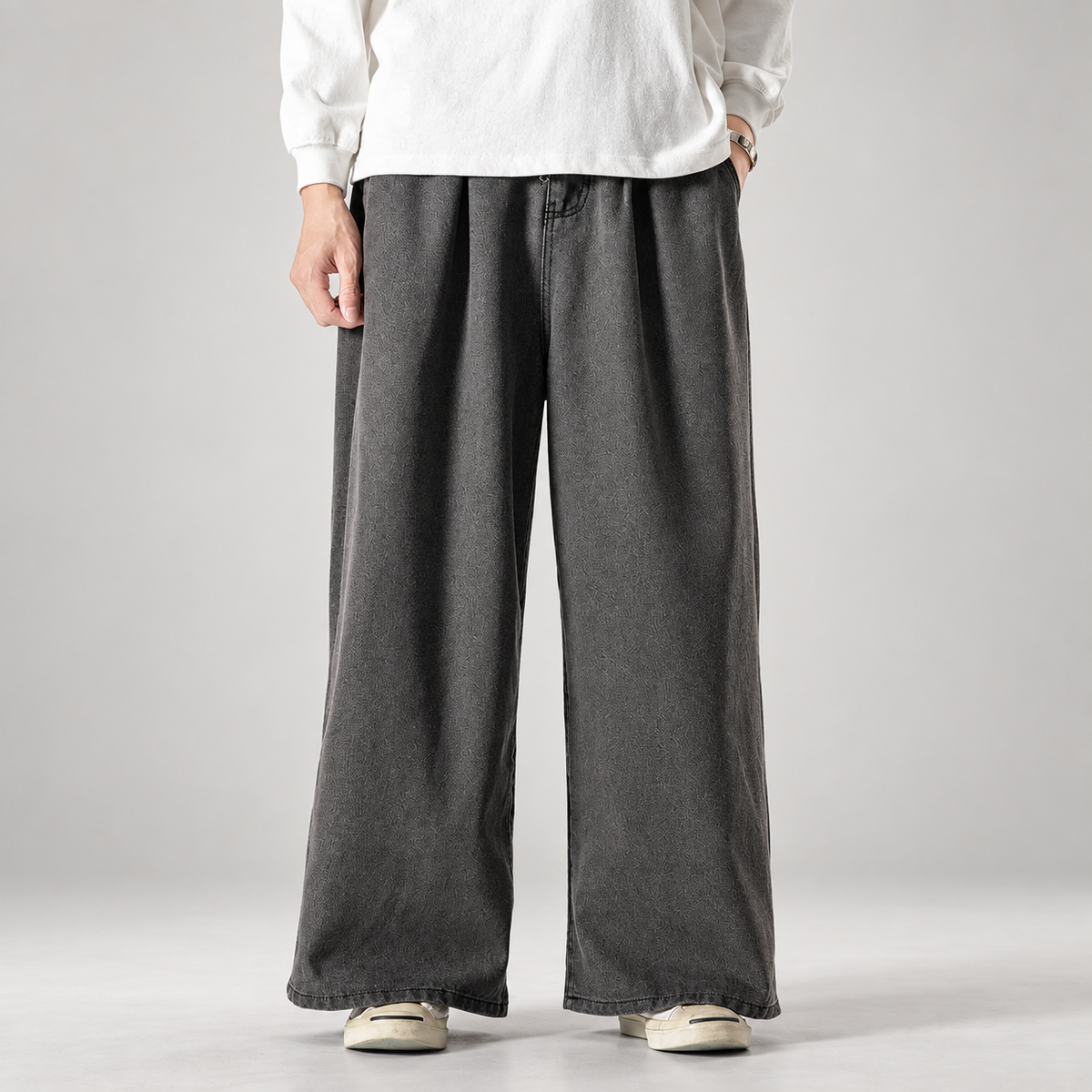 Henri Men’s Extra Wide-Leg Denim Jeans with Tonal Pattern