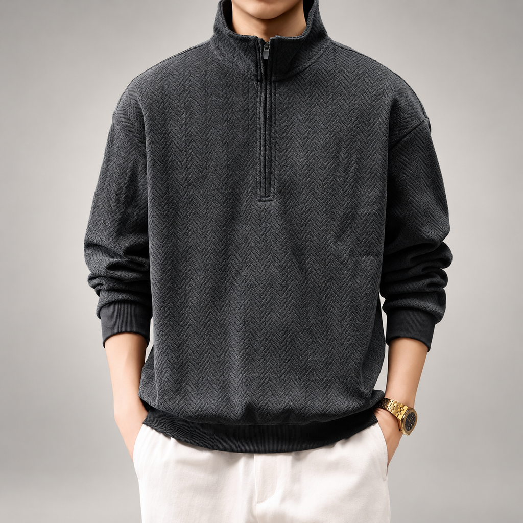 Urban Men’s Herringbone Quarter-Zip Pullover with Stand Collar