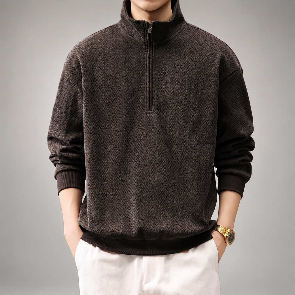 Urban Men’s Herringbone Quarter-Zip Pullover with Stand Collar