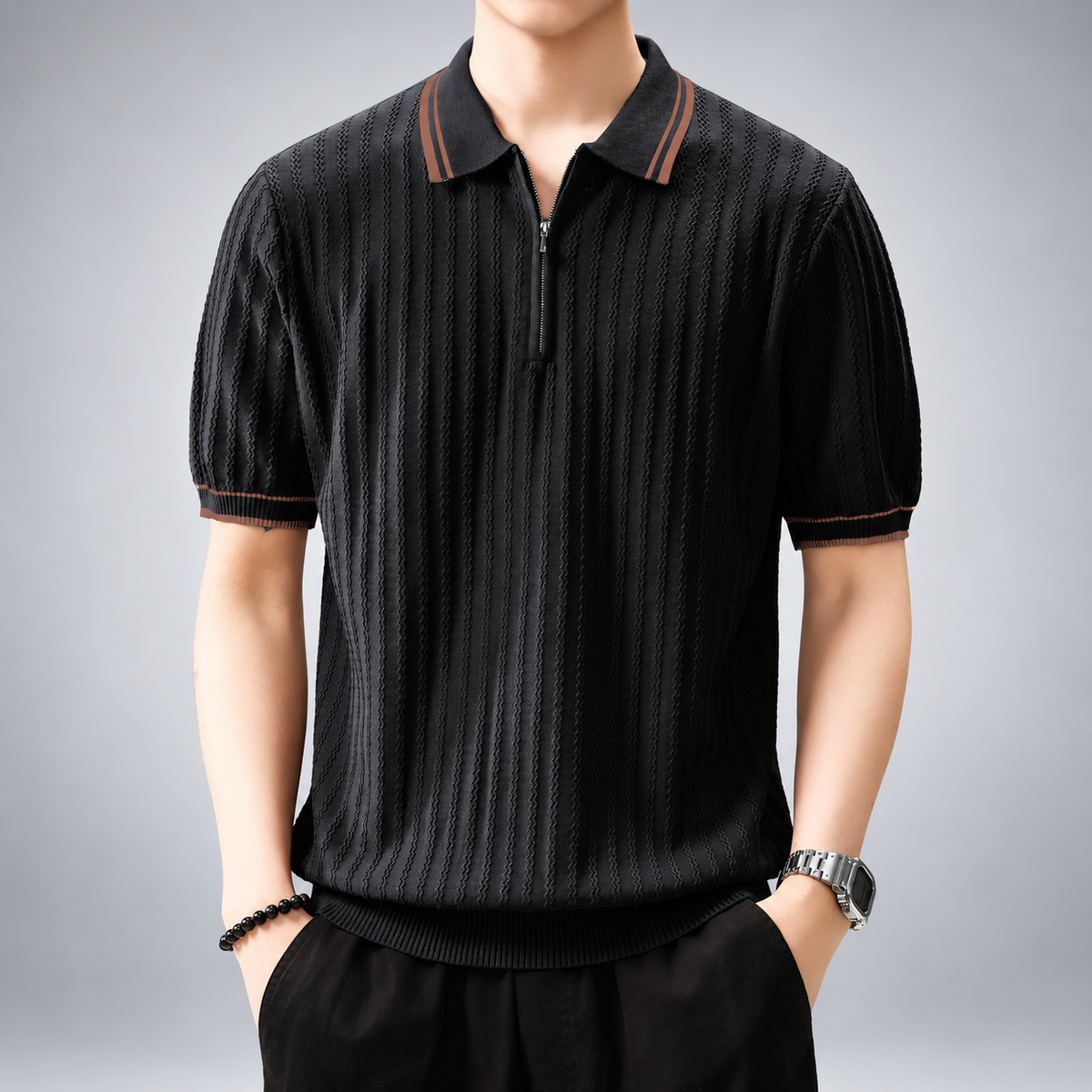 Adrian Men's Textured Knit Quarter-Zip Polo Shirt with Contrast Trim