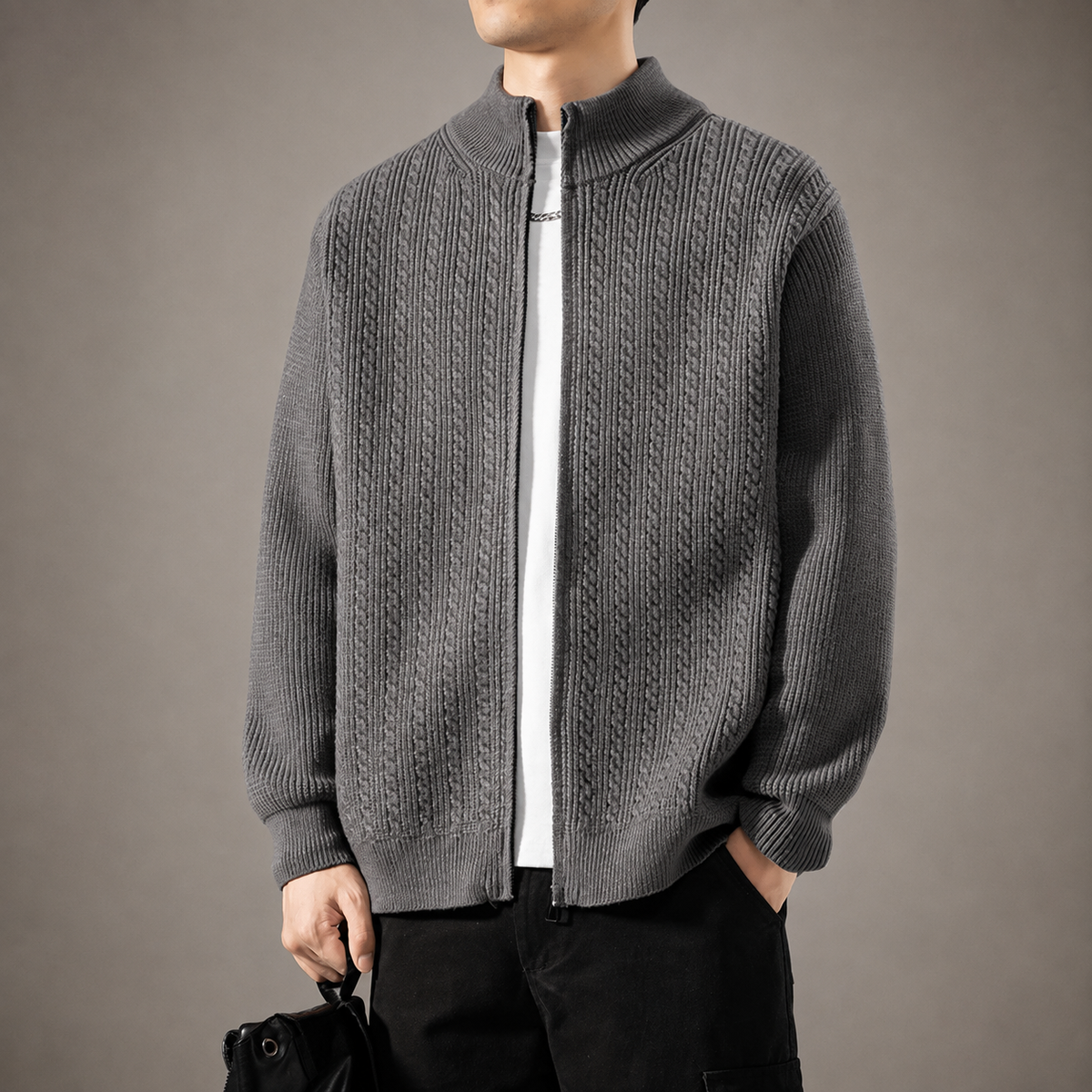 Hudson High Collar Cable Knit Full-Zip Cardigan
