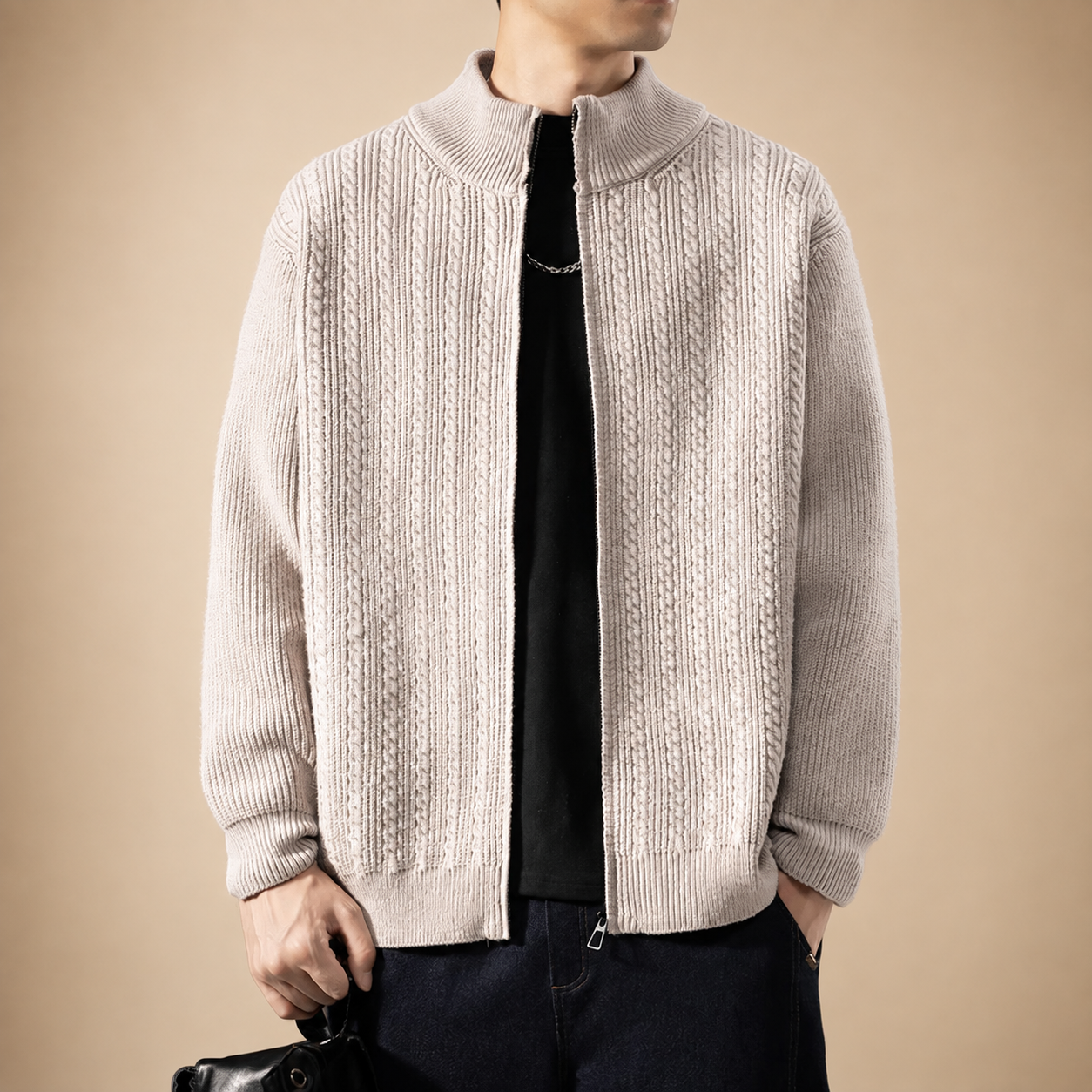 Hudson High Collar Cable Knit Full-Zip Cardigan
