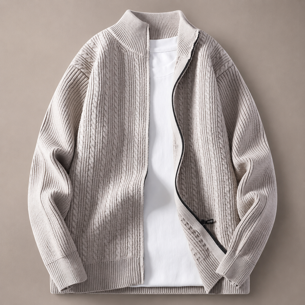 Hudson High Collar Cable Knit Full-Zip Cardigan