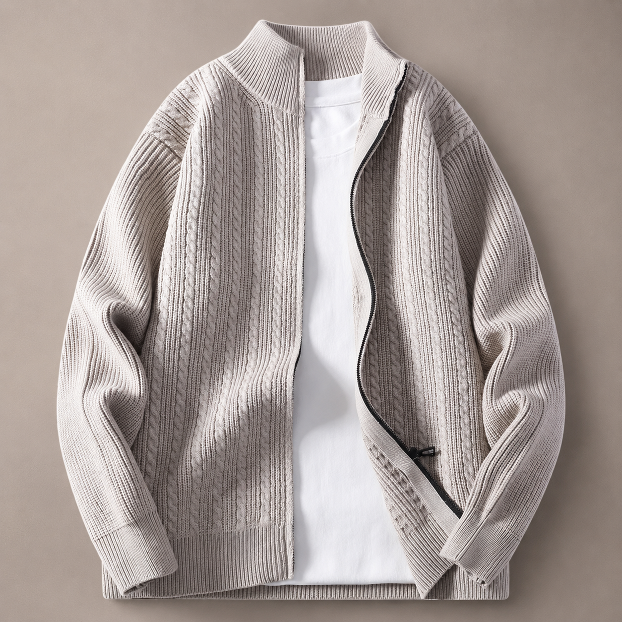 Hudson High Collar Cable Knit Full-Zip Cardigan