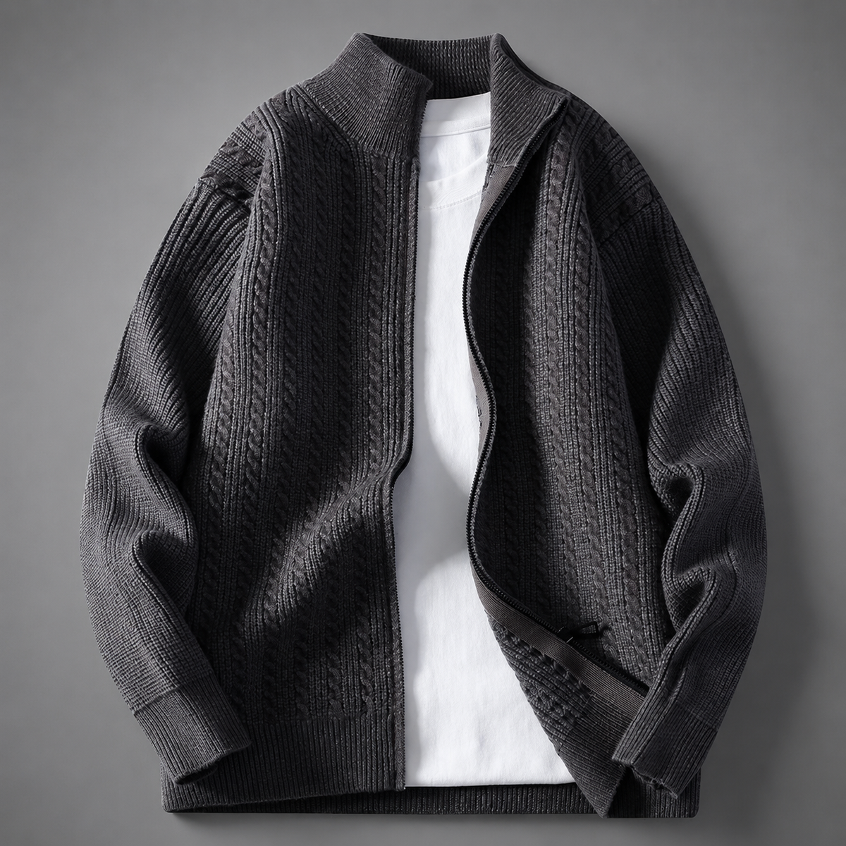 Hudson High Collar Cable Knit Full-Zip Cardigan
