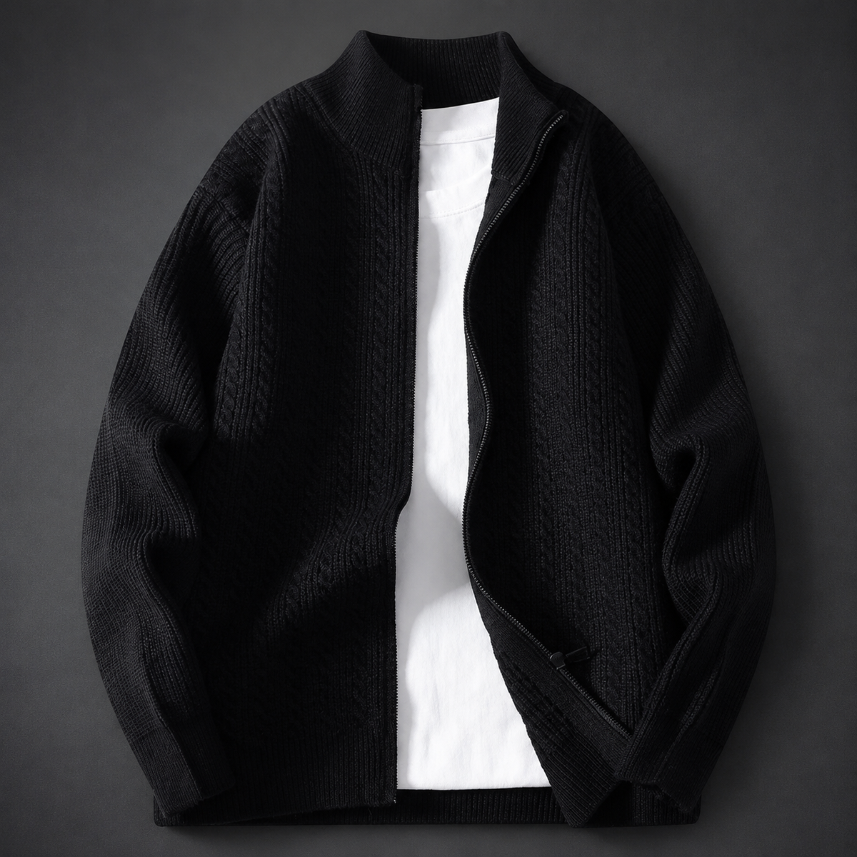 Hudson High Collar Cable Knit Full-Zip Cardigan