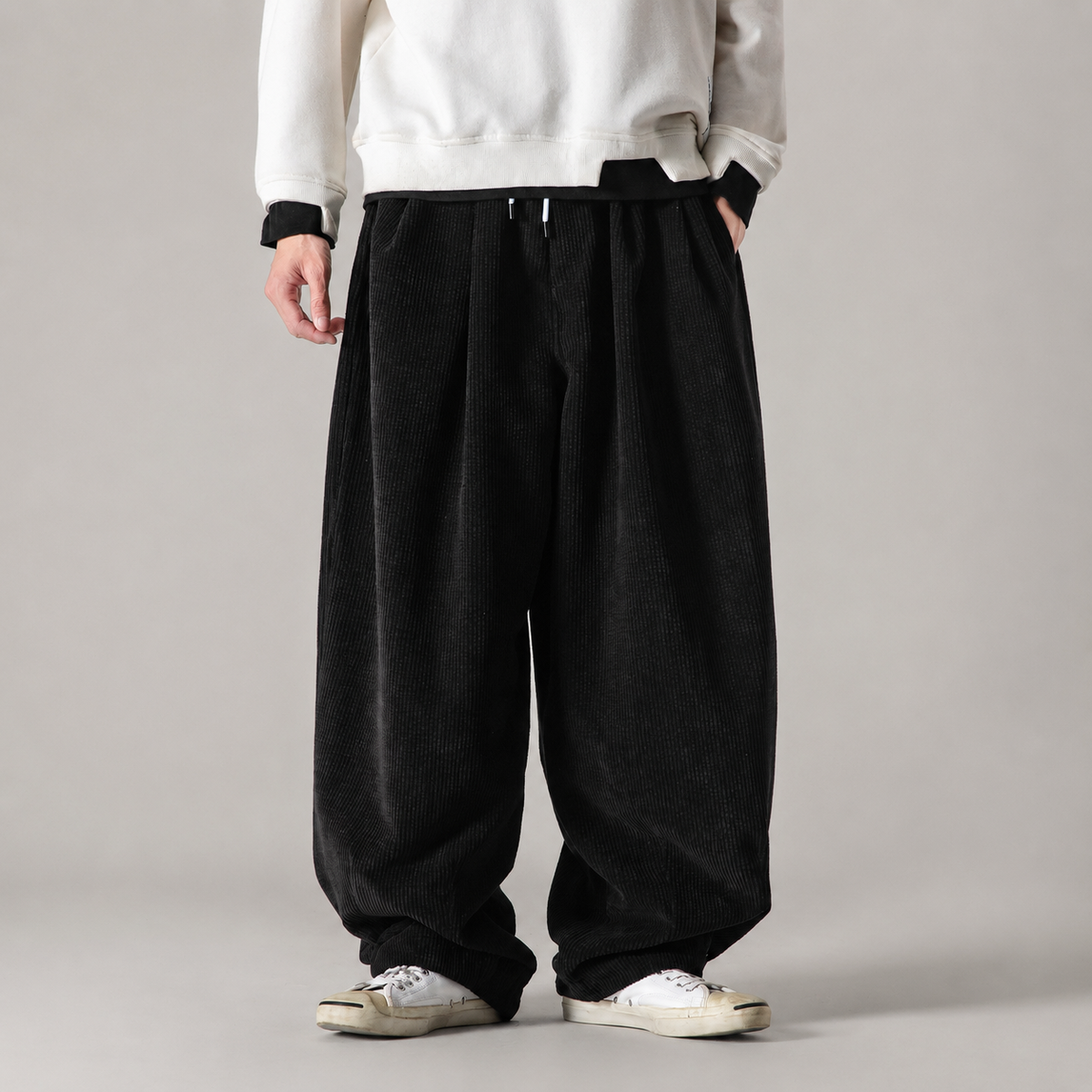 Hugo Pleated Wide-Leg Corduroy Drawstring Pants