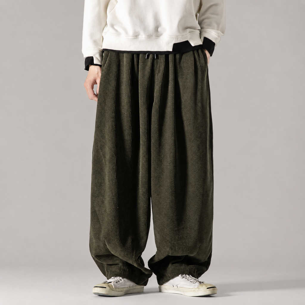 Hugo Pleated Wide-Leg Corduroy Drawstring Pants