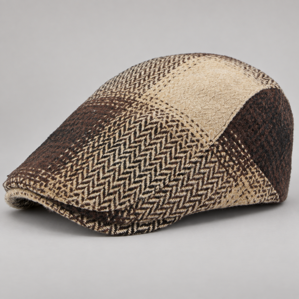 Huxley Patchwork Herringbone Flat Cap with Short Brim