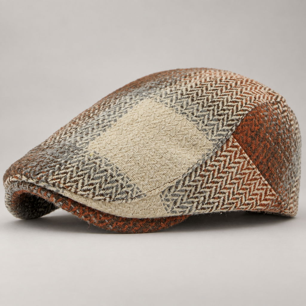Huxley Patchwork Herringbone Flat Cap with Short Brim