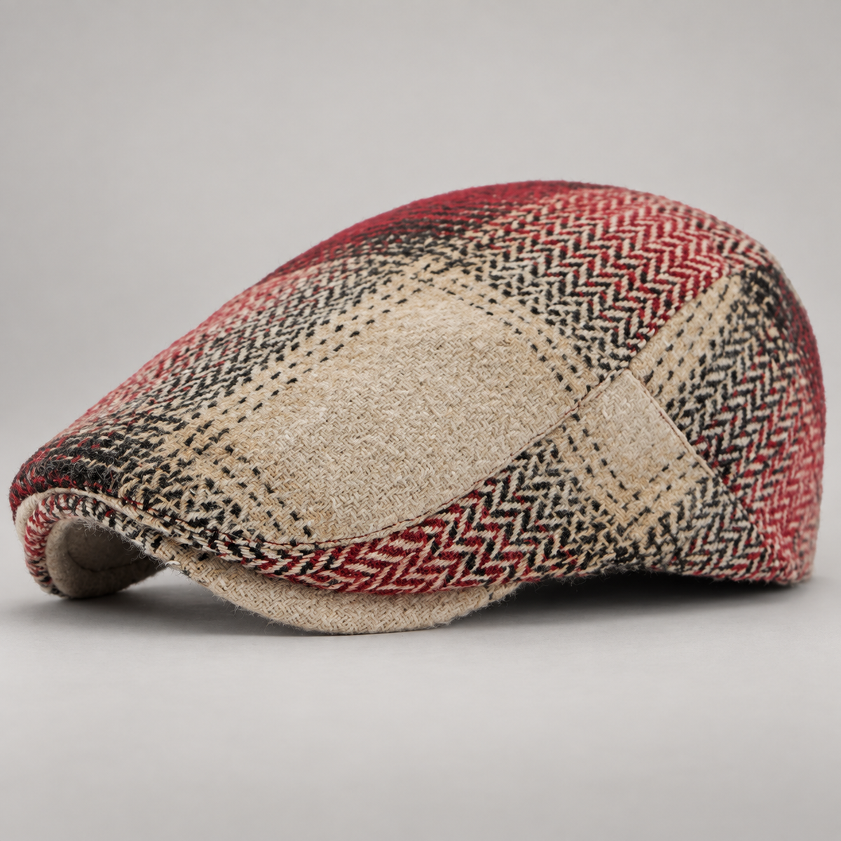 Huxley Patchwork Herringbone Flat Cap with Short Brim