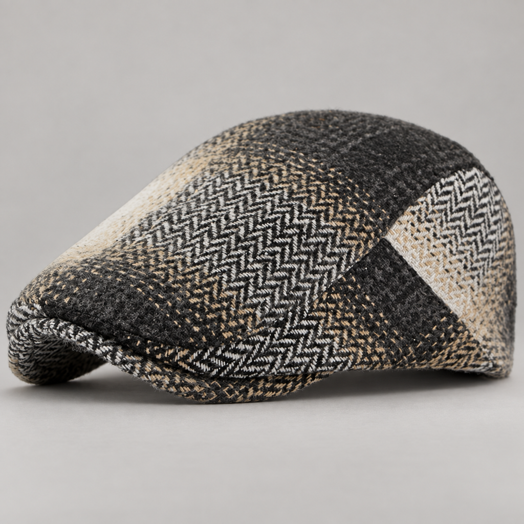Huxley Patchwork Herringbone Flat Cap with Short Brim