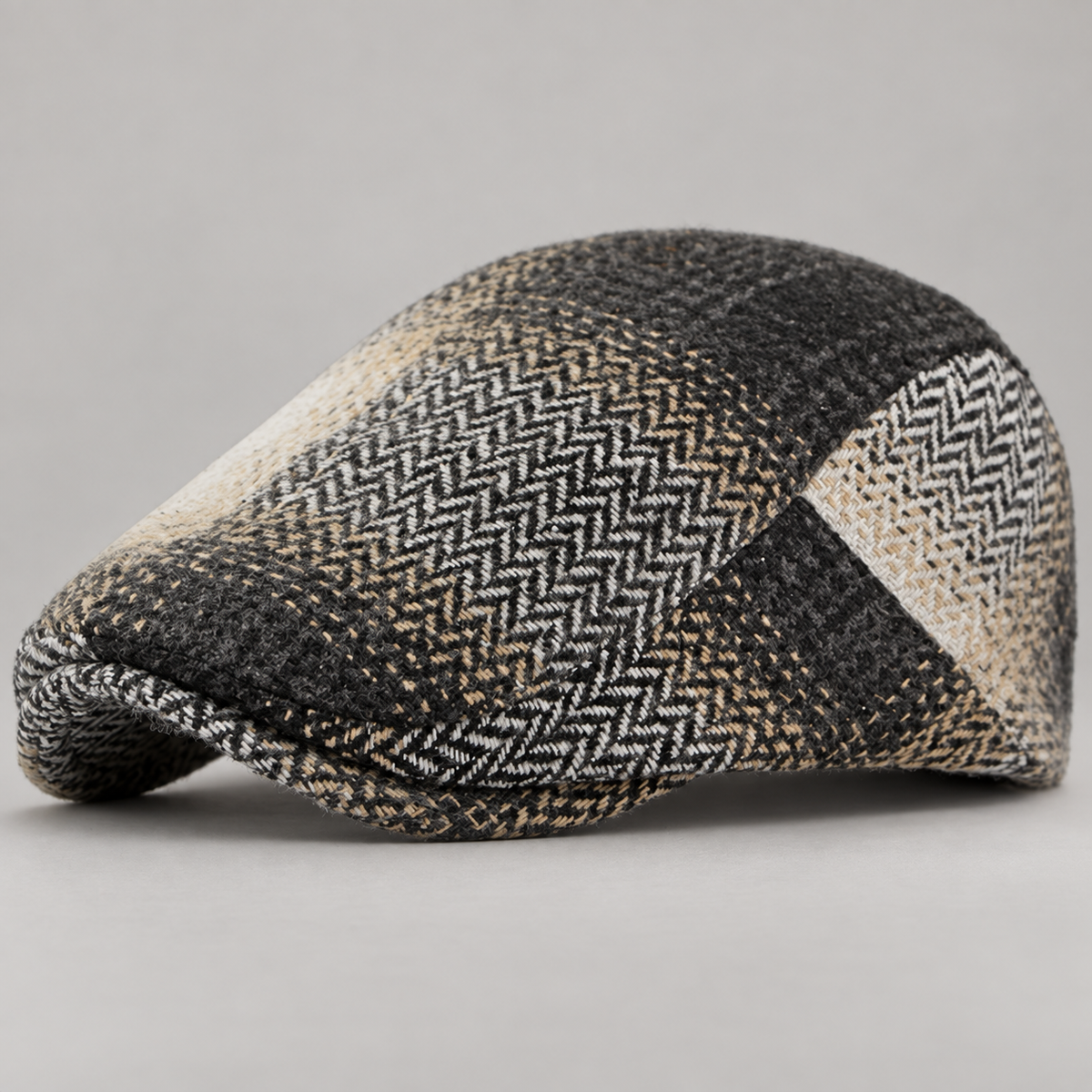 Huxley Patchwork Herringbone Flat Cap with Short Brim