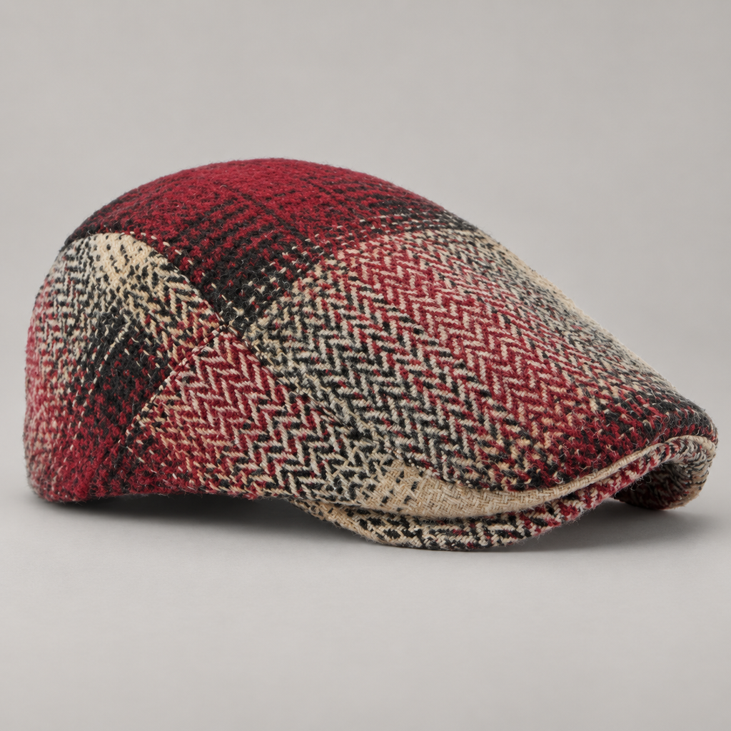 Huxley Patchwork Herringbone Flat Cap with Short Brim