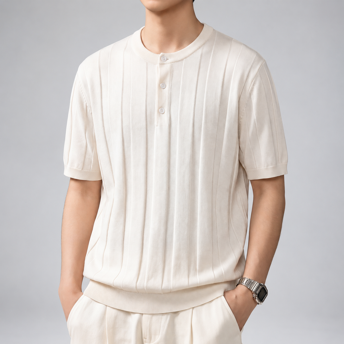 Antonio Men's Three-Button Henley Knit Shirt with Short Sleeves