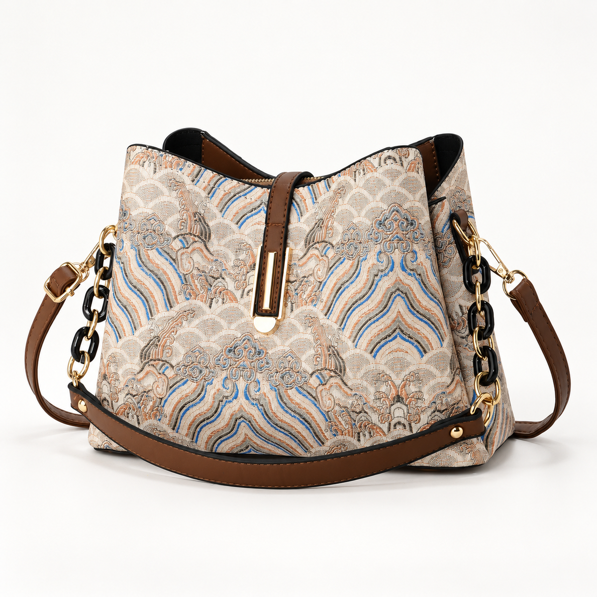 Fiorella Women’s Patterned Bucket Shoulder Bag with Chain Details