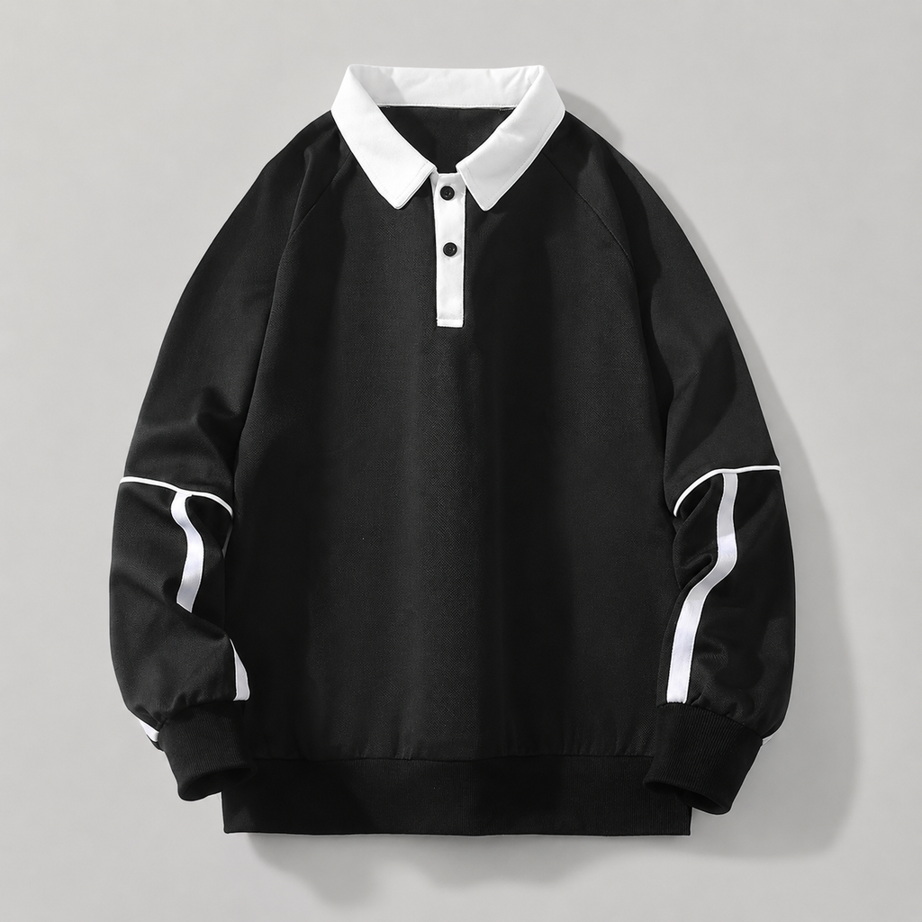 Jeffrey Contrast Collar Long Sleeve Polo Sweatshirt