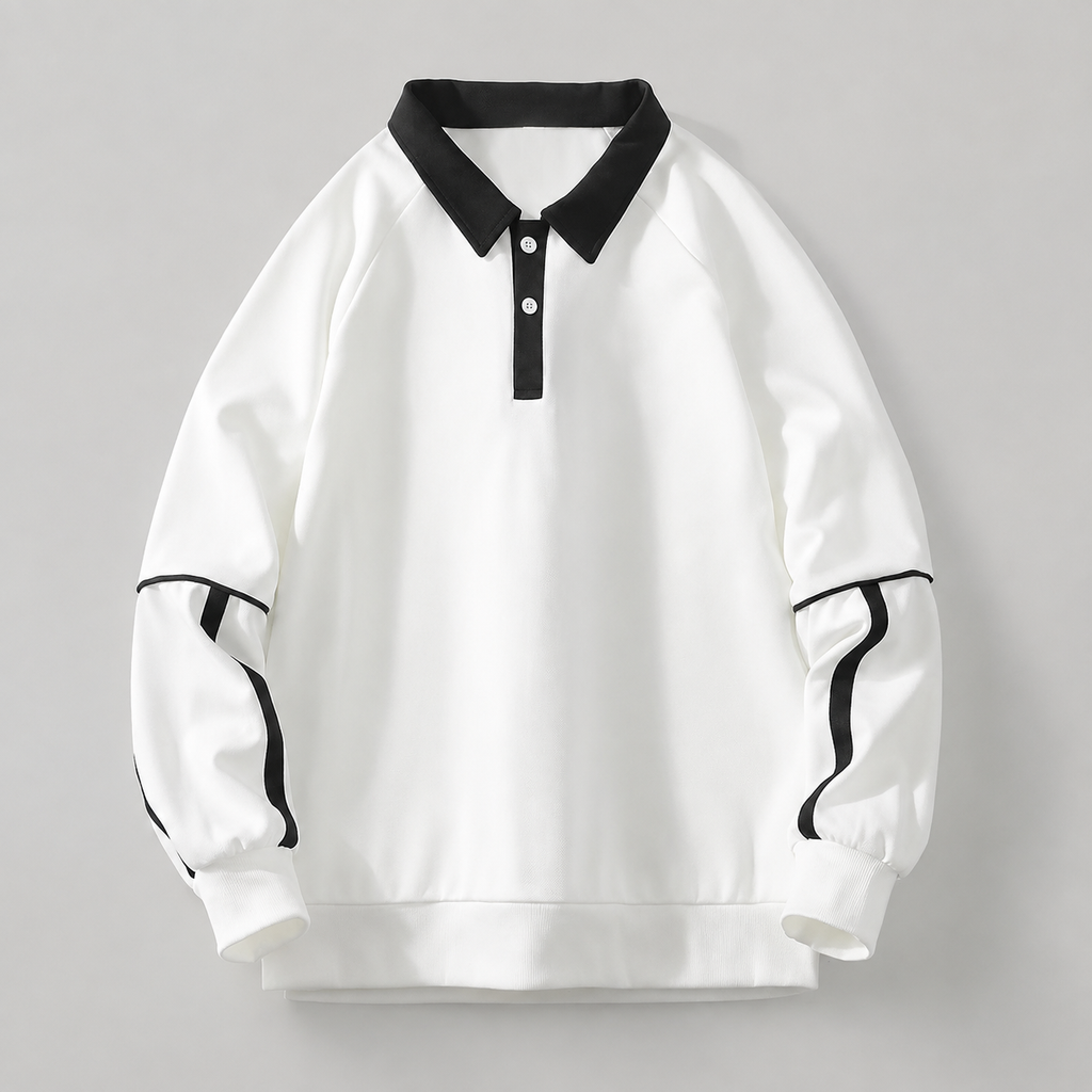 Jeffrey Contrast Collar Long Sleeve Polo Sweatshirt