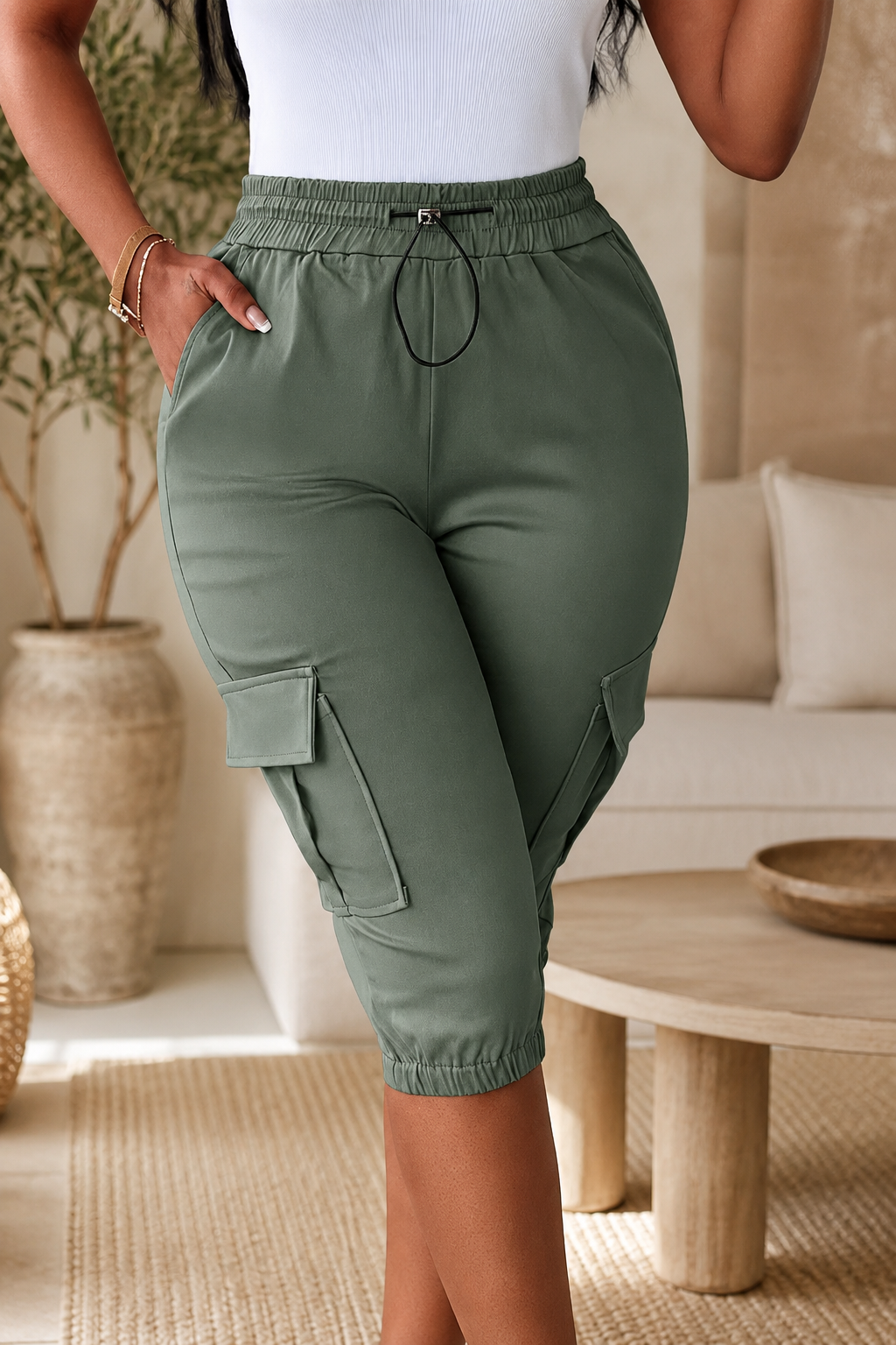 Jocelyn Cargo Capri Pants with Drawstring