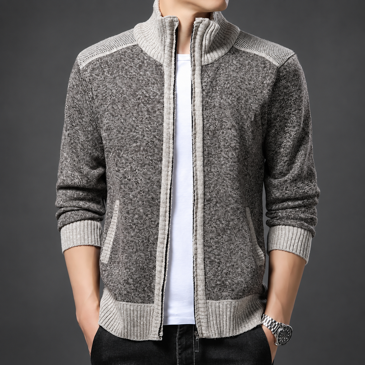 Julian Men’s Two-Tone Textured Knit Zip Cardigan