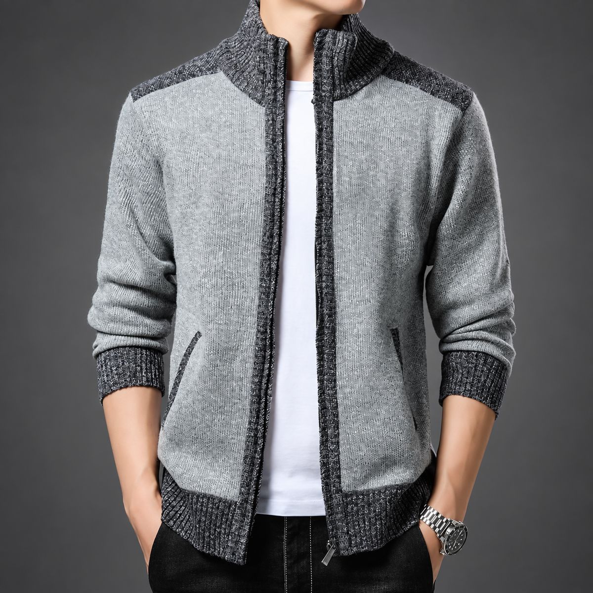Julian Men’s Two-Tone Textured Knit Zip Cardigan