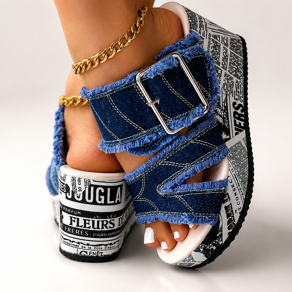 Kinsley Women’s Denim Platform Sandals with Buckle Strap