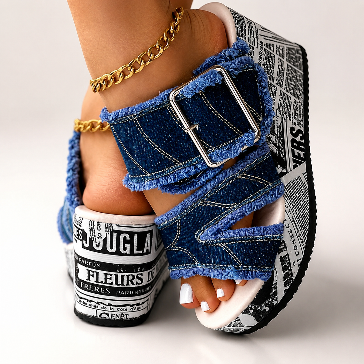 Kinsley Women’s Denim Platform Sandals with Buckle Strap