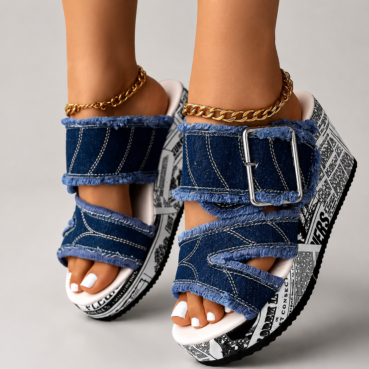 Kinsley Women’s Denim Platform Sandals with Buckle Strap