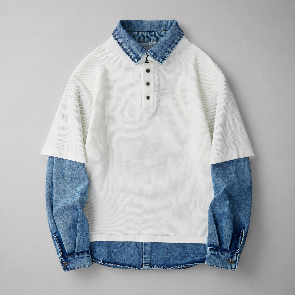 Lancaster Men’s Long Sleeve Layered Denim Polo Shirt