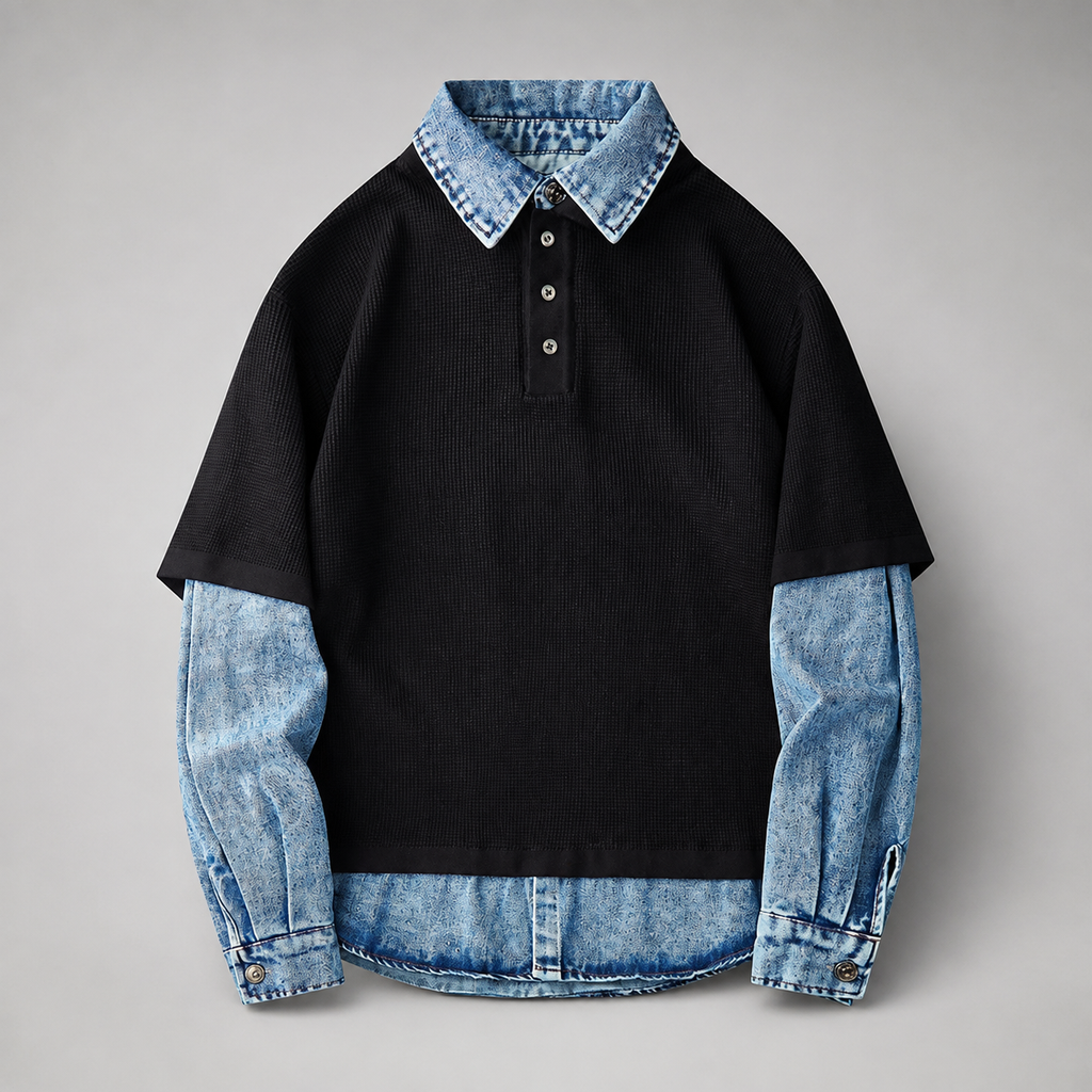 Lancaster Men’s Long Sleeve Layered Denim Polo Shirt