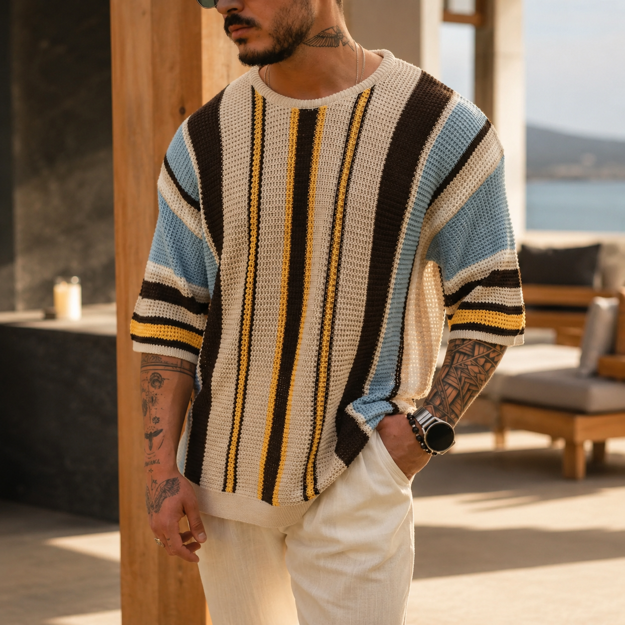 Landon Open-Knit Striped Crewneck T-Shirt