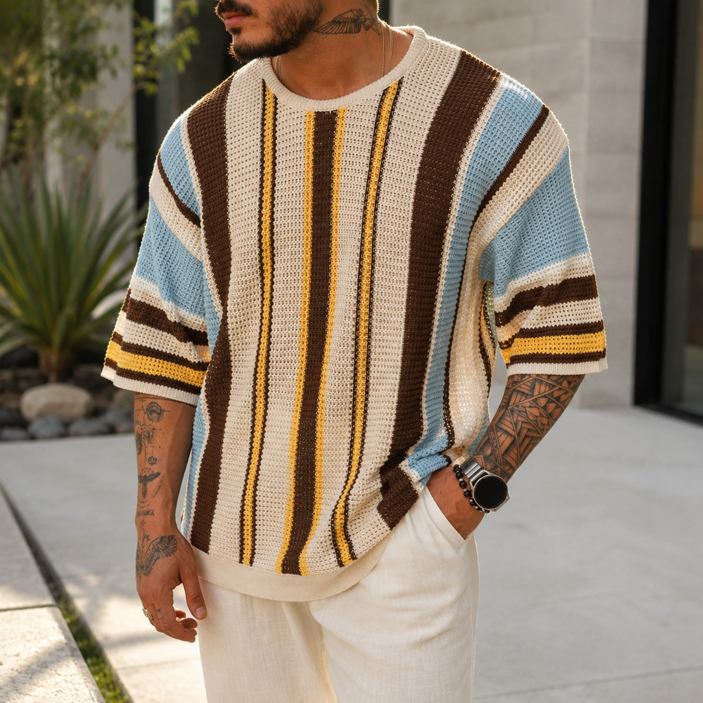 Landon Open-Knit Striped Crewneck T-Shirt