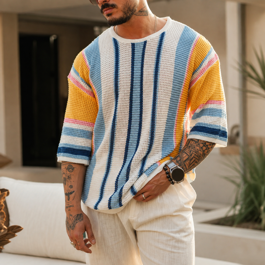 Landon Open-Knit Striped Crewneck T-Shirt