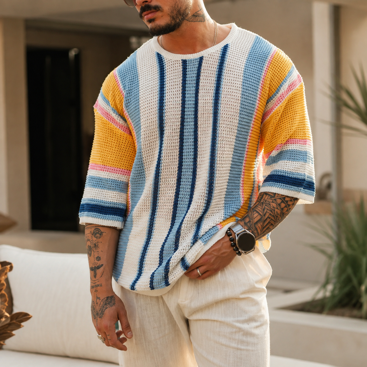Landon Open-Knit Striped Crewneck T-Shirt